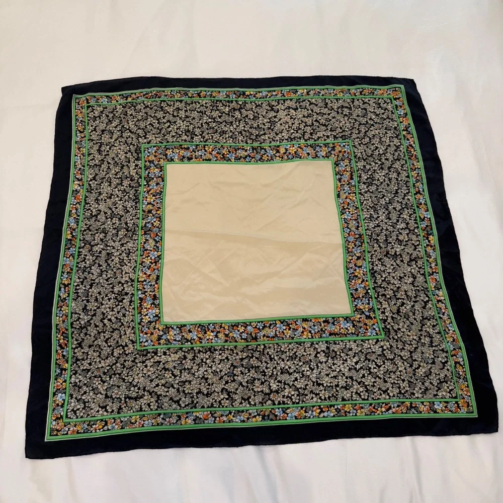 Golden Camel Vintage 100% Silk Scarf Floral Border Hand Rolled Navy Cream 30x30